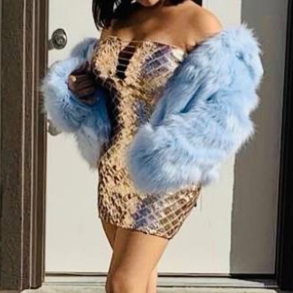 Short Sequence Dress with blue fur coat